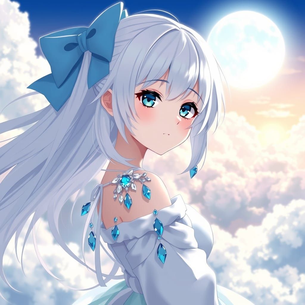 Anime Girl with White Hair and Sky Blue Eyes in Dreamy Cloud...