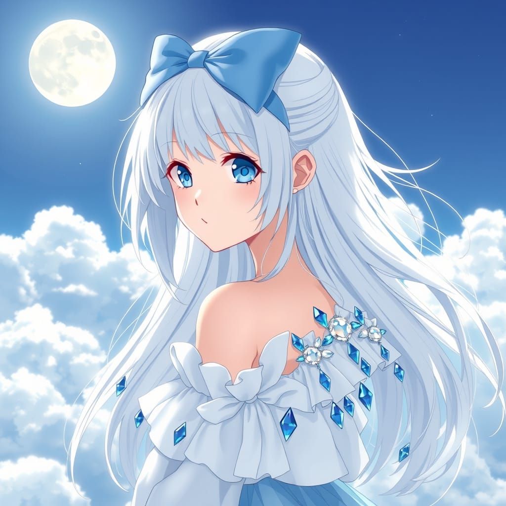 Serenely Elegant Anime Goddess on Fluffy Clouds