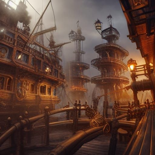 Steampunk Pirate Town and Ship: Digital Painting