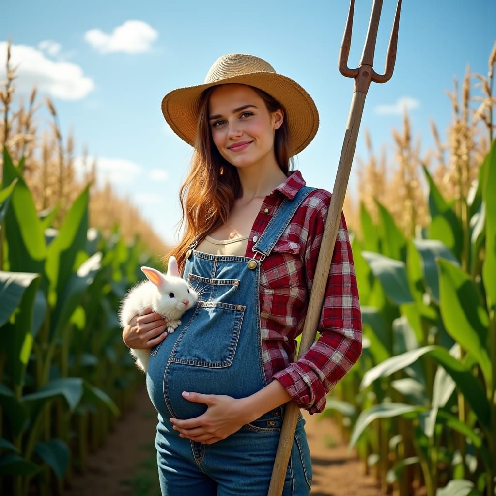 Pregnant Woman in Cornfield with Bunny