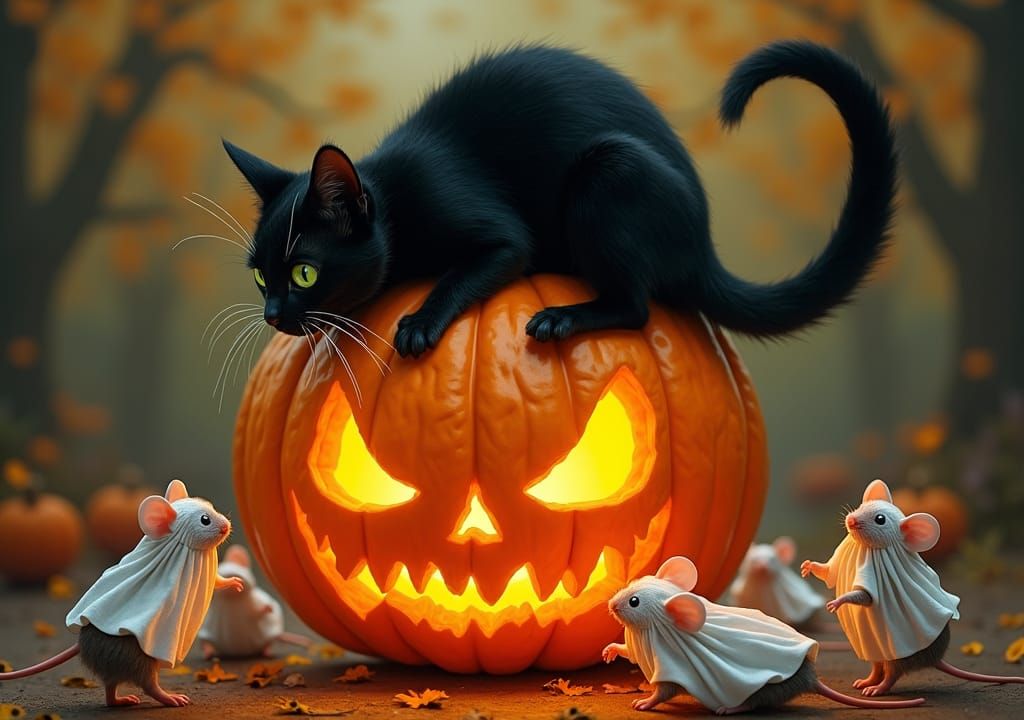Startled Black Cat on Illuminated Pumpkin