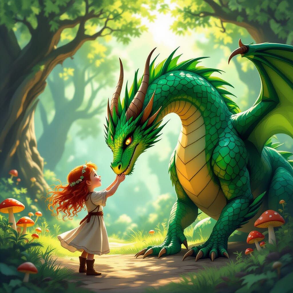 Girl Reunites With Emerald Dragon in Sunlit Forest