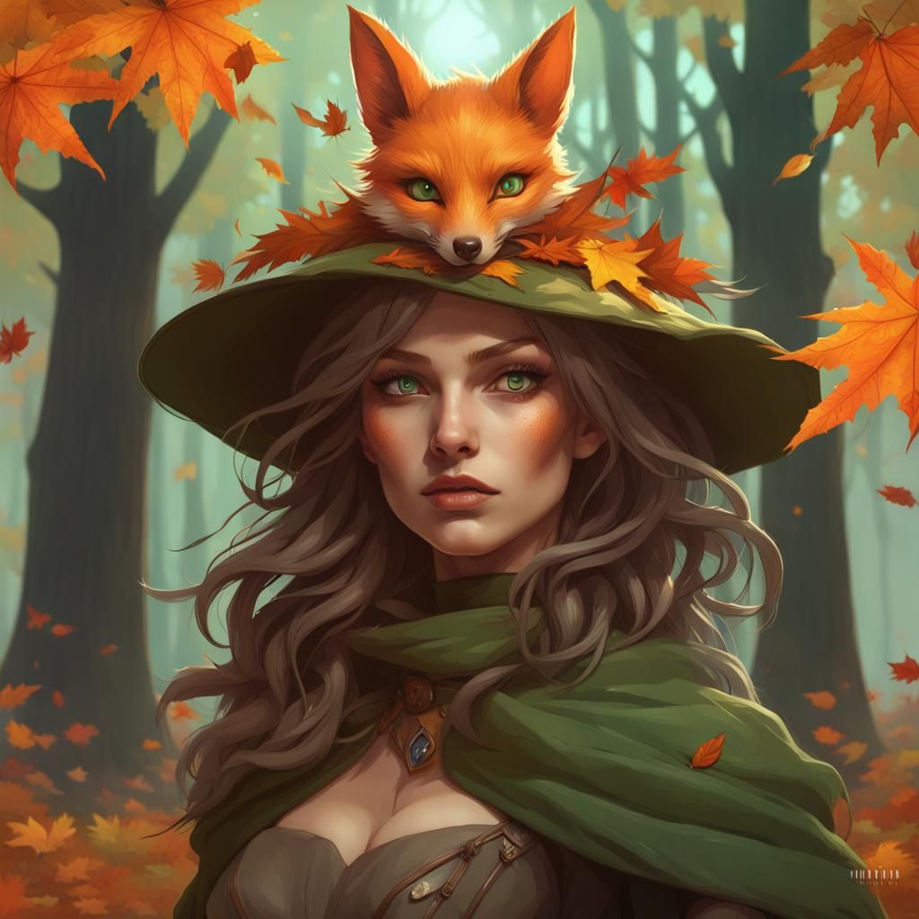 Earth Witch Portrait in Autumn Forest, Digital Art