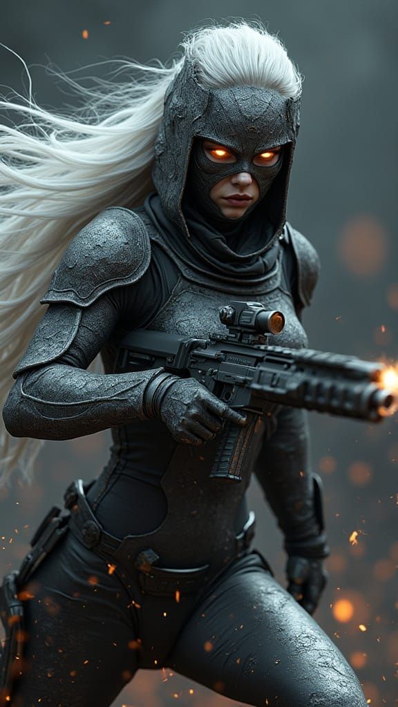 Futuristic Silver-Haired Warrior in Battle Armor