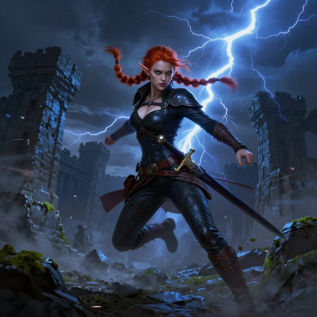 Redheaded Elf Warrior in Stormy Ruins Digital Painting