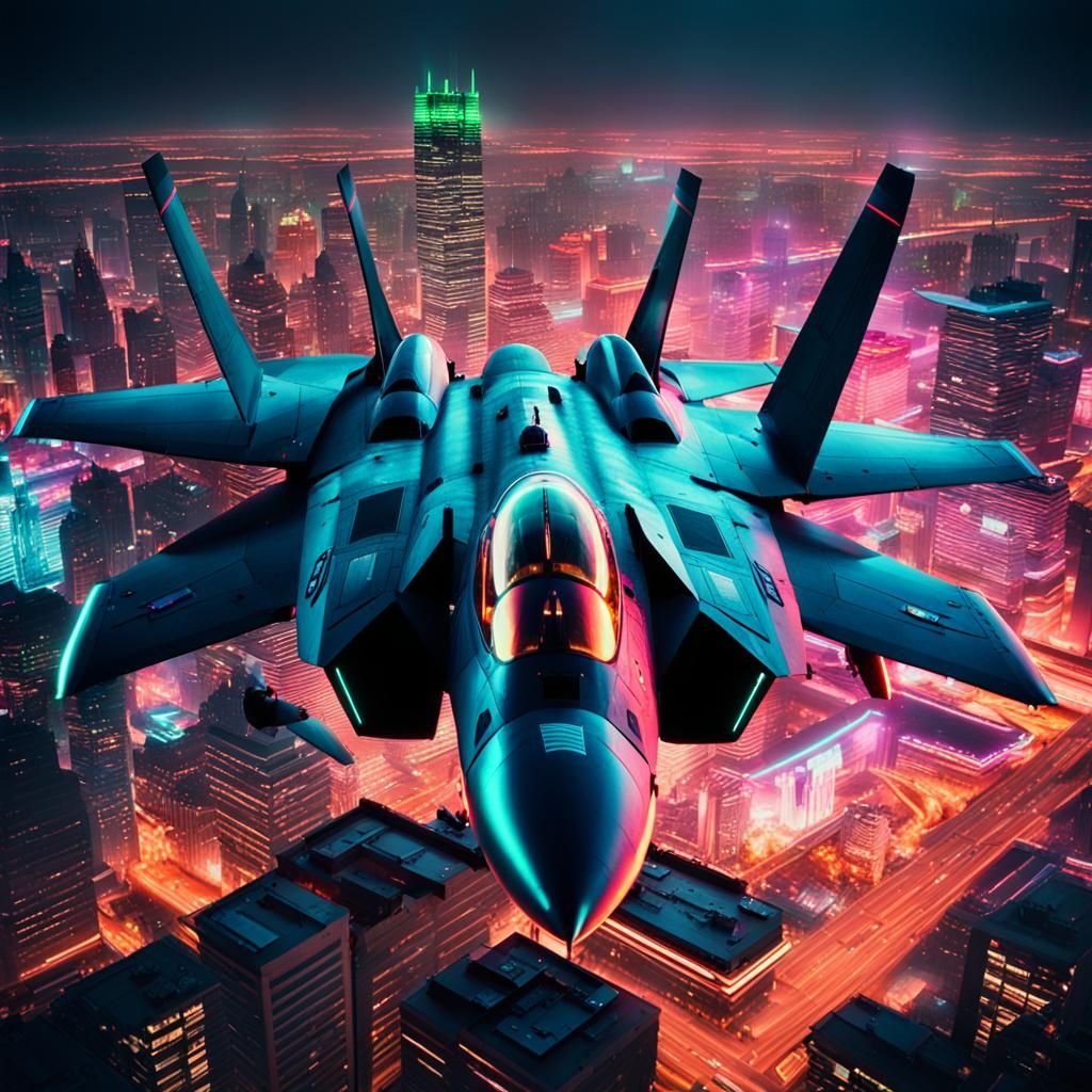 Fighter Jet Over Neon Cityscape: Cinematic Film Still