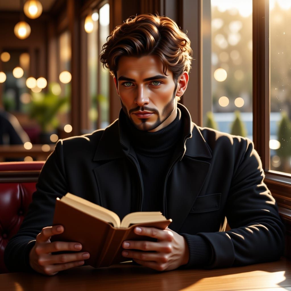 French Man Reading at Cafe in Mucha Style