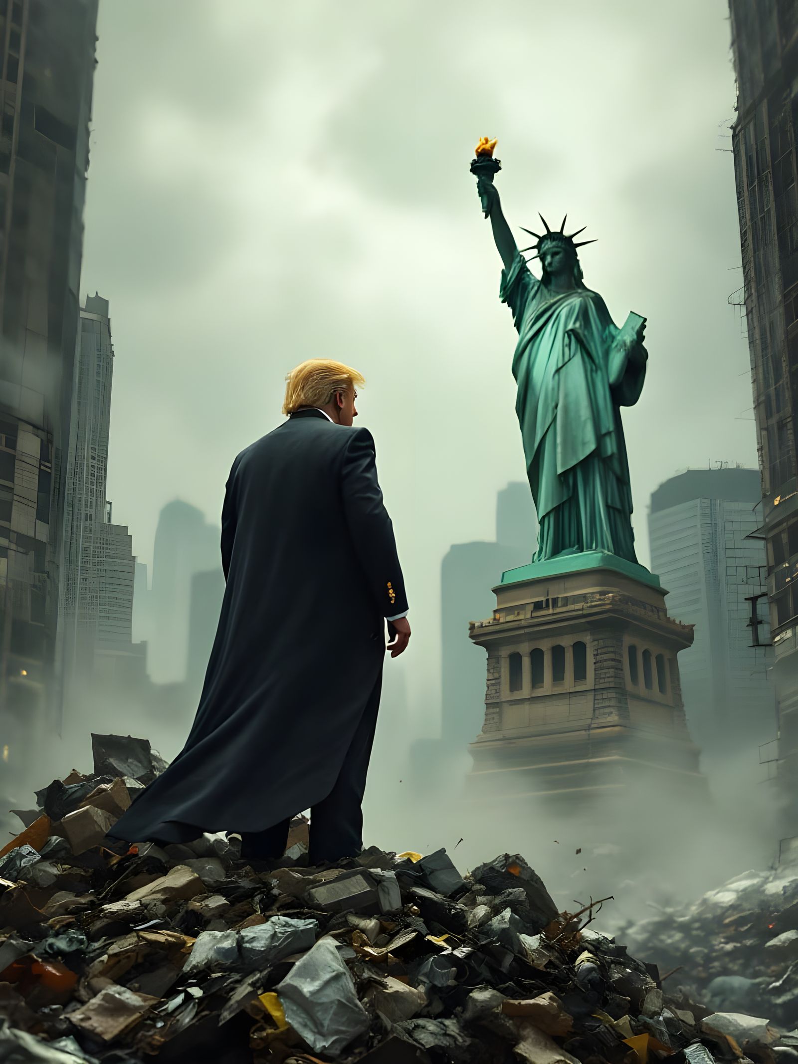 Trump as a King Overlooking a Dystopian Waste Land with the...