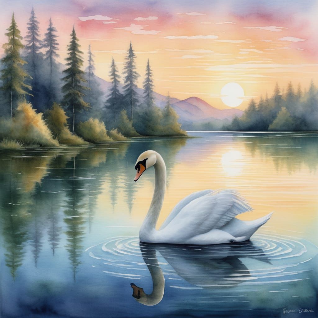 Majestic Swan on Serene Lake at Dawn