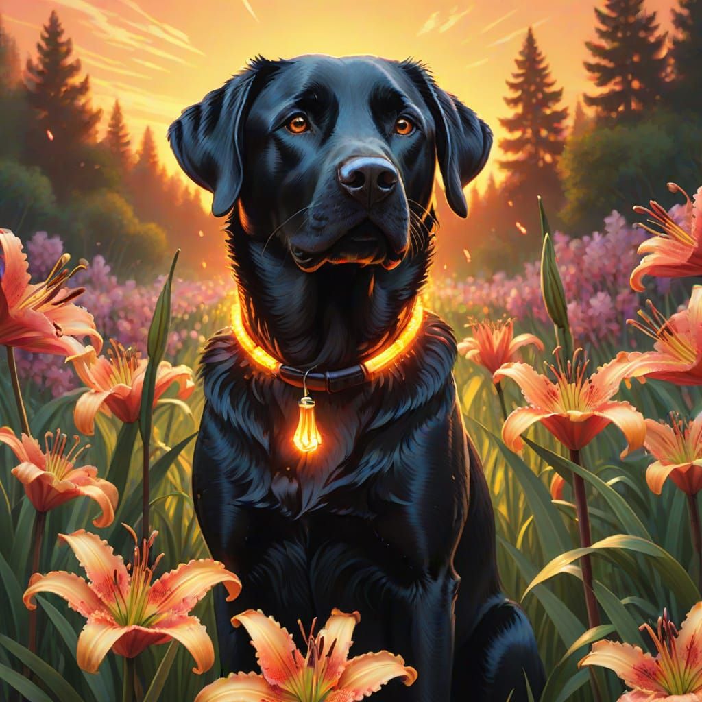 Labrador Retriever and Torch Lily Hybrid in Hyperrealism