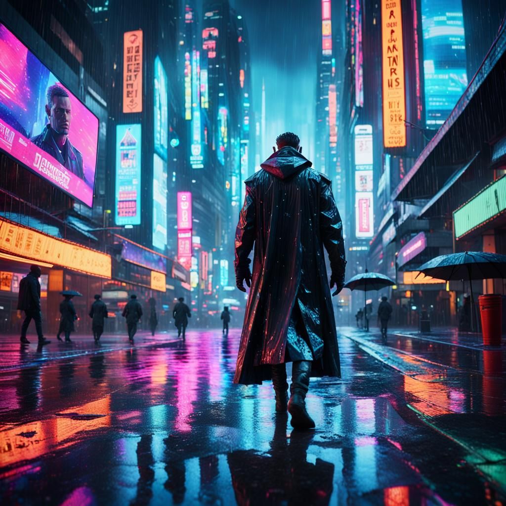 Cyberpunk Bounty Hunter in Neon Cityscape