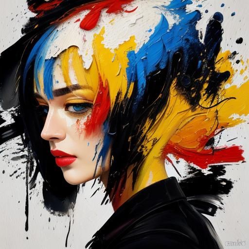 Expressive Portrait with Ink Splashes in Oil