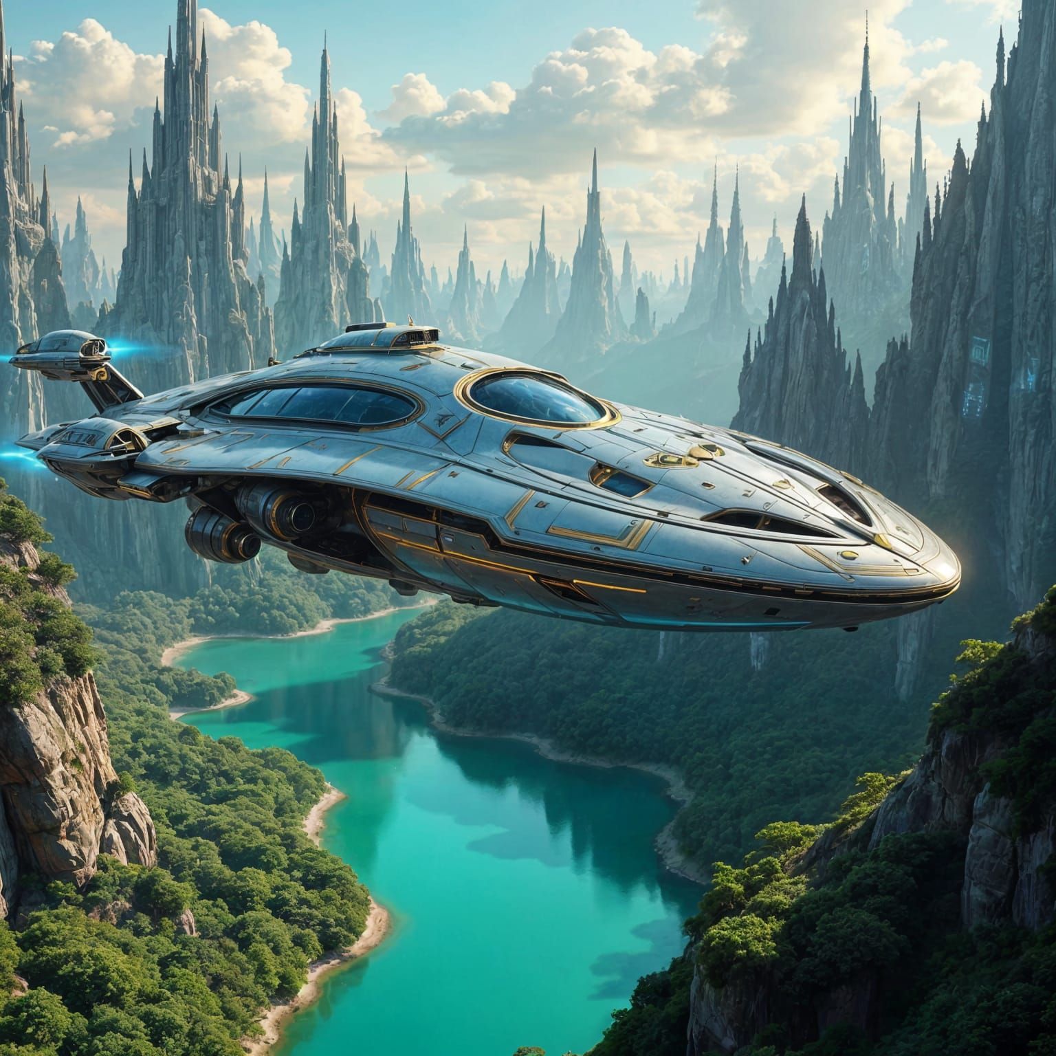 Futuristic Spaceship Lands on Scenic Alien Planet