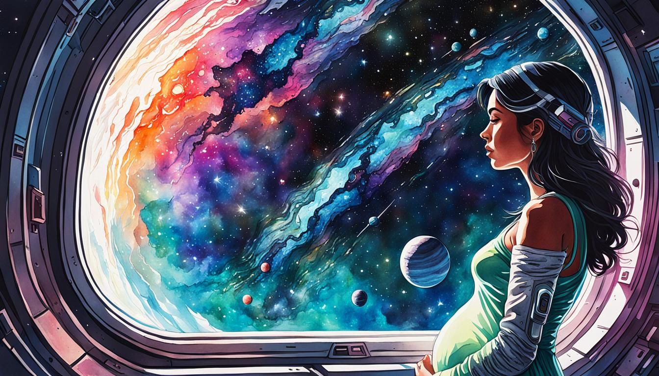 Pregnant Woman Gazing into Deep Space, Watercolor Art