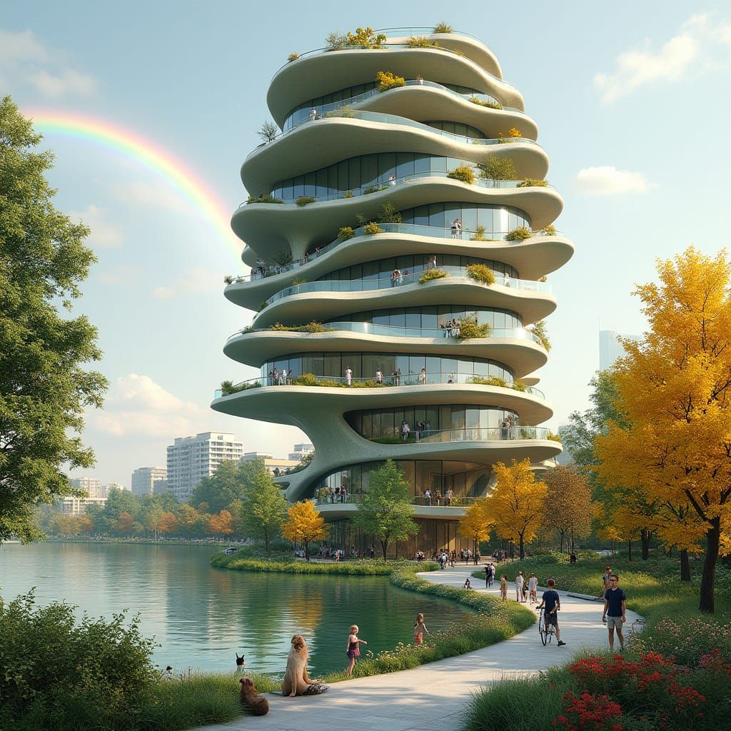 Surreal Flower-Shaped Skyscraper in Cyberpunk Style