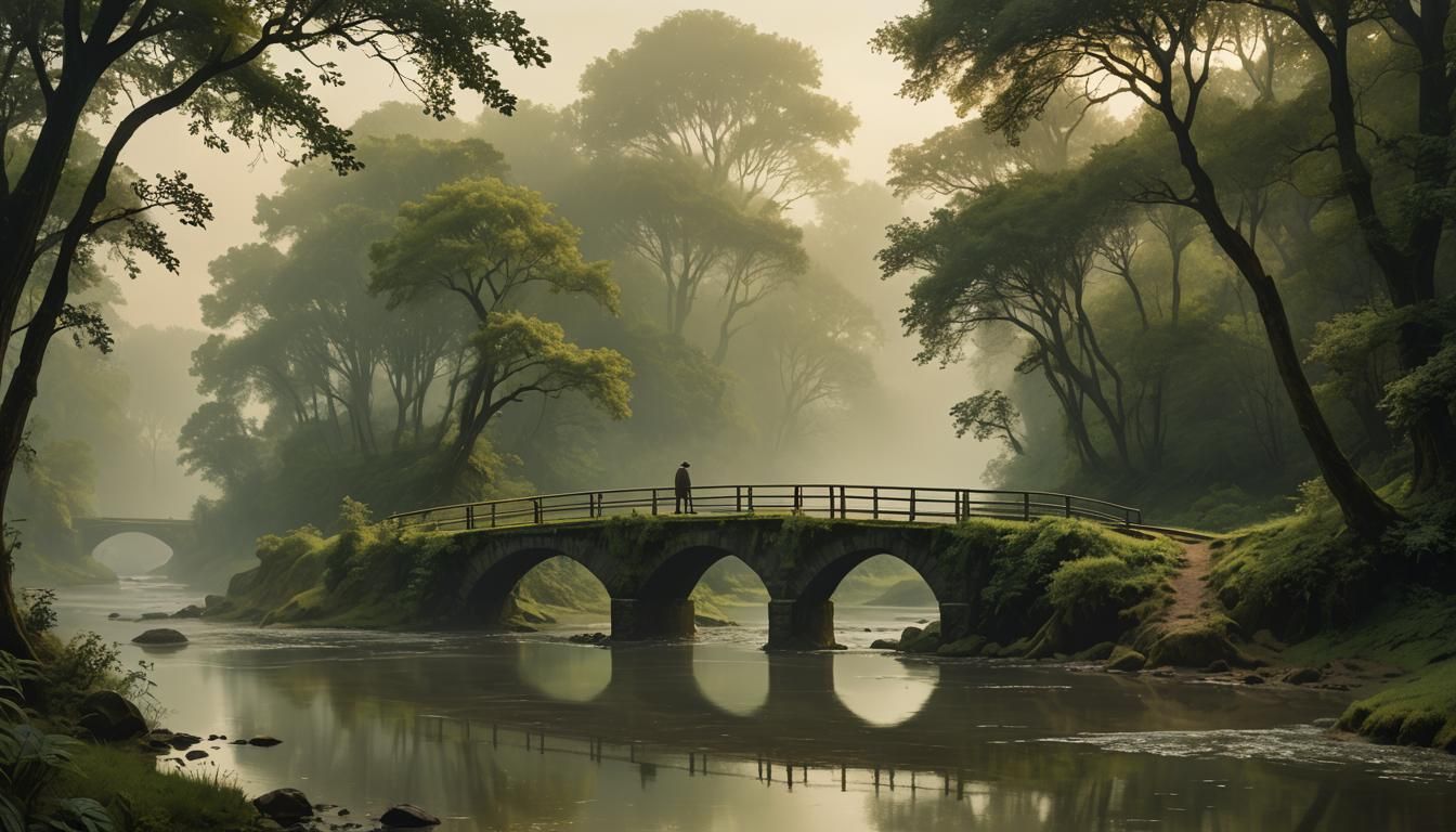 Misty River Bridge: Detailed Landscape Art