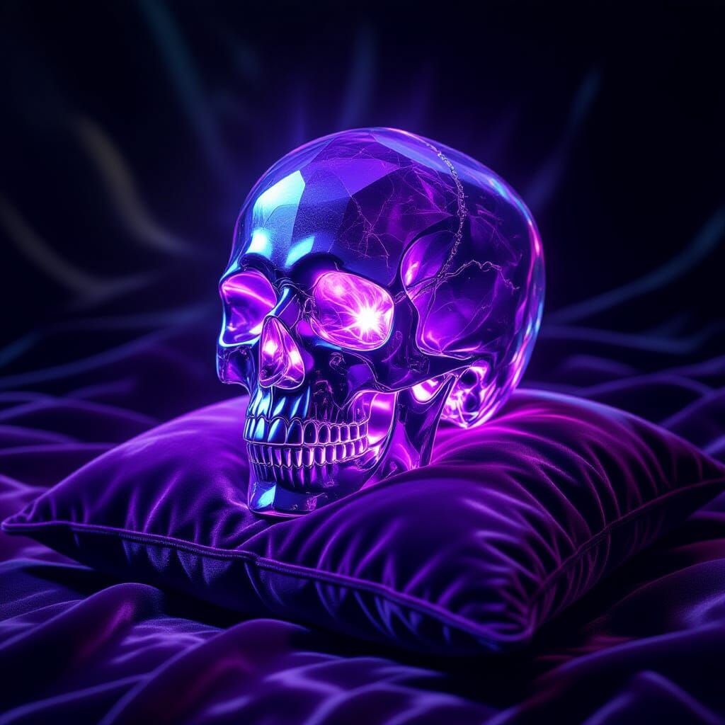 Ethereal Purple Crystal Skull on Velvet Pillow
