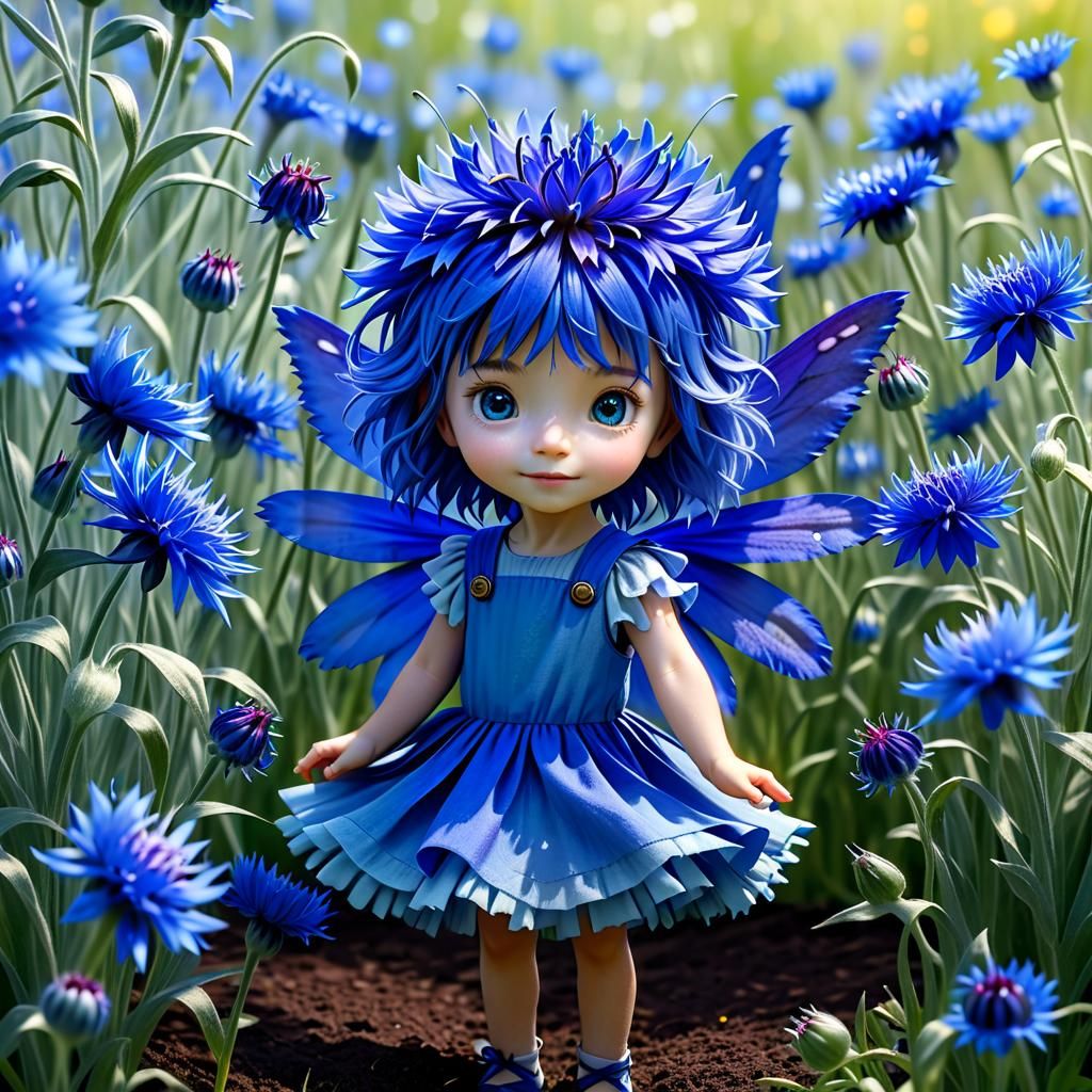 Whimsical Cornflower Fairy in a Vibrant Blue Garden