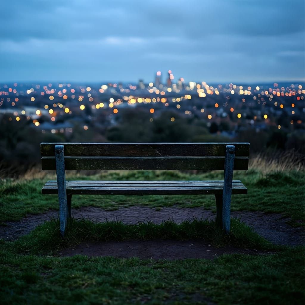 Minimalist UK Hill Bench Photograph with City Lights