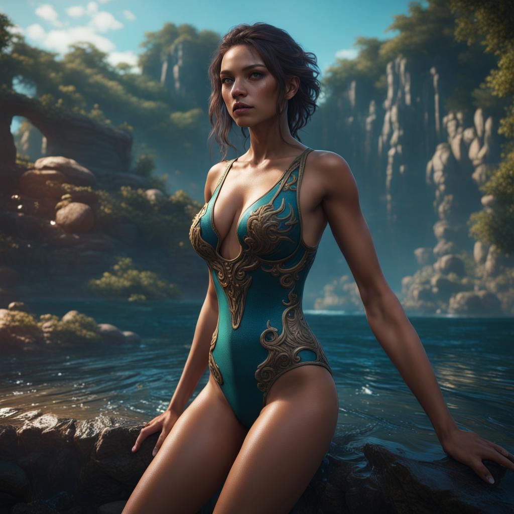 Woman in Swimsuit: Detailed Fantasy Matte Painting