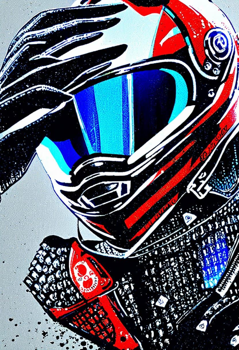 Bold Anime Motorcycle Rider on White Background