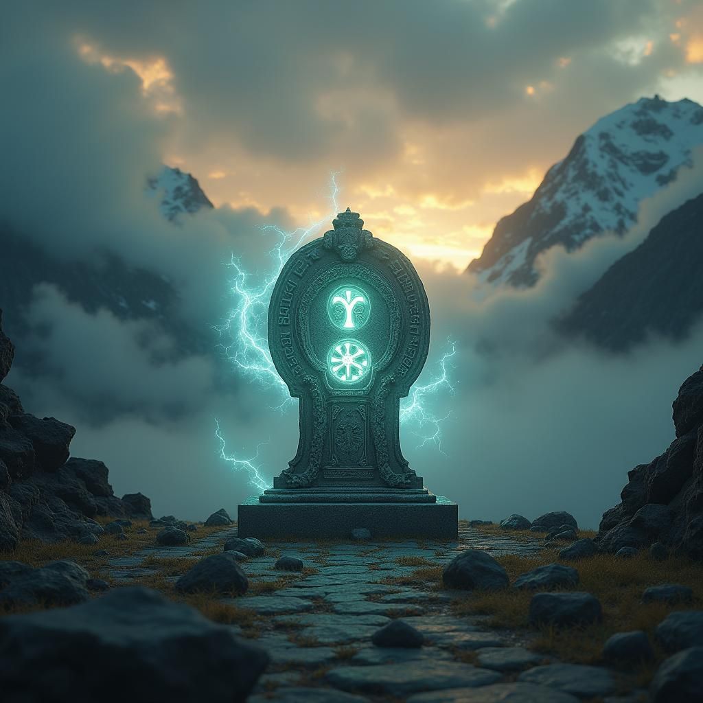 Mystical Stone Emitting Luminescent Beams in Dramatic Landsc...