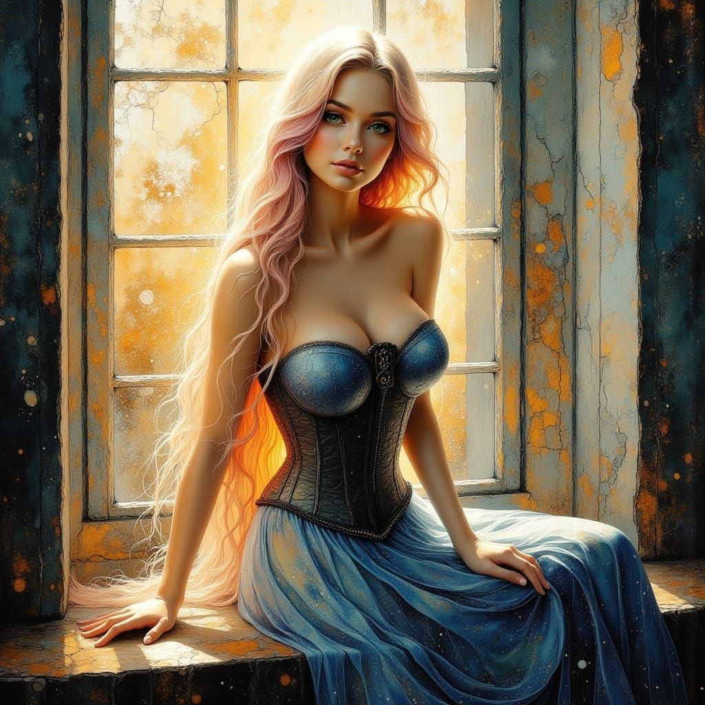 Beautiful Woman with Long Blonde-Pink Hair in Sunlit Room