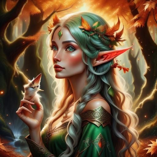 Elven Druids Caring for Animals in Autumn Forest