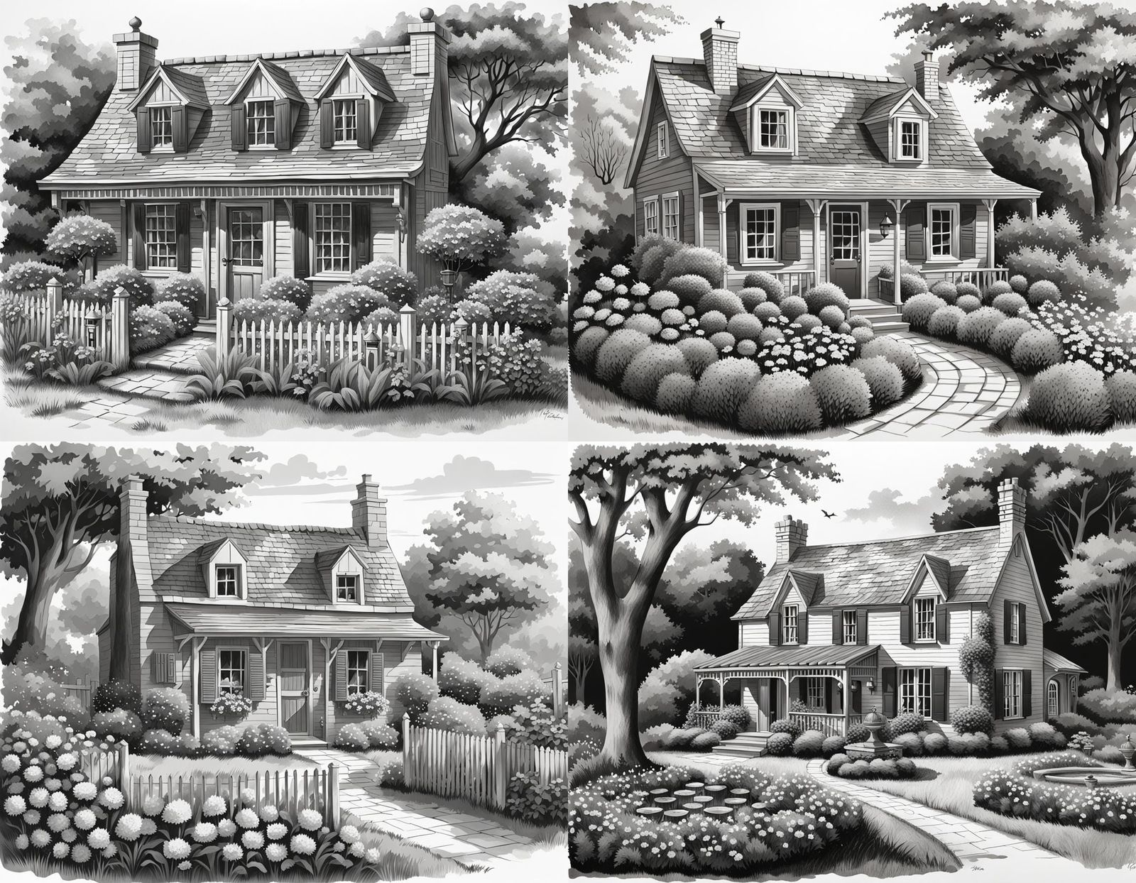 Charming Grayscale Cottage Drawing with Lush Gardens