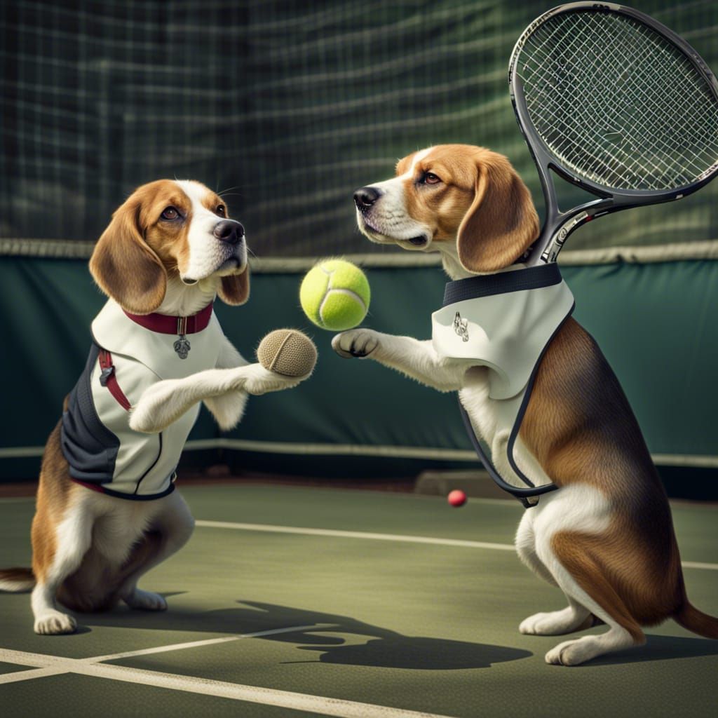 Beagles Play Tennis in Hyperrealistic Style