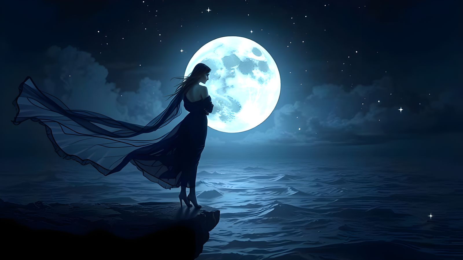 Melancholy Silhouette on Cliff Edge with Harvest Moon