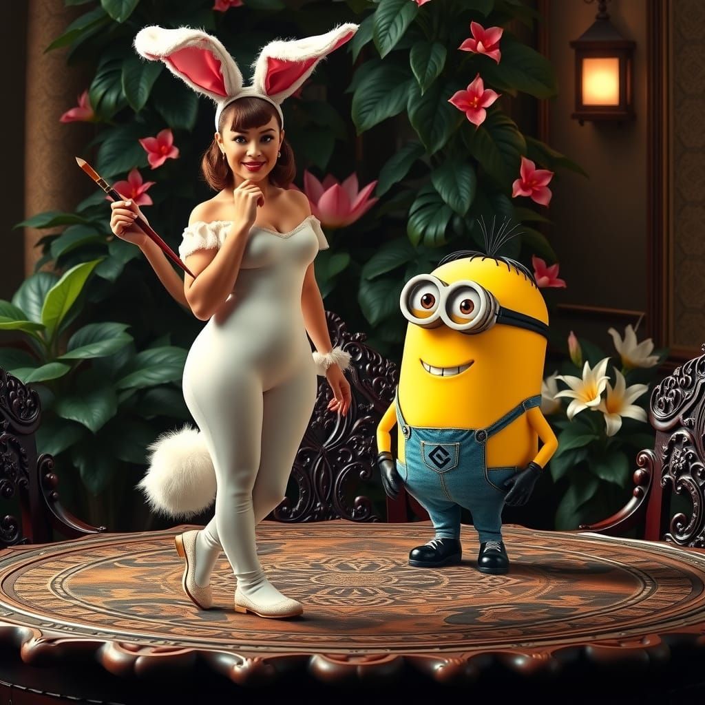 Sultry Bunny Pin-Up Girl Surrounded by Futuristic Minion and...