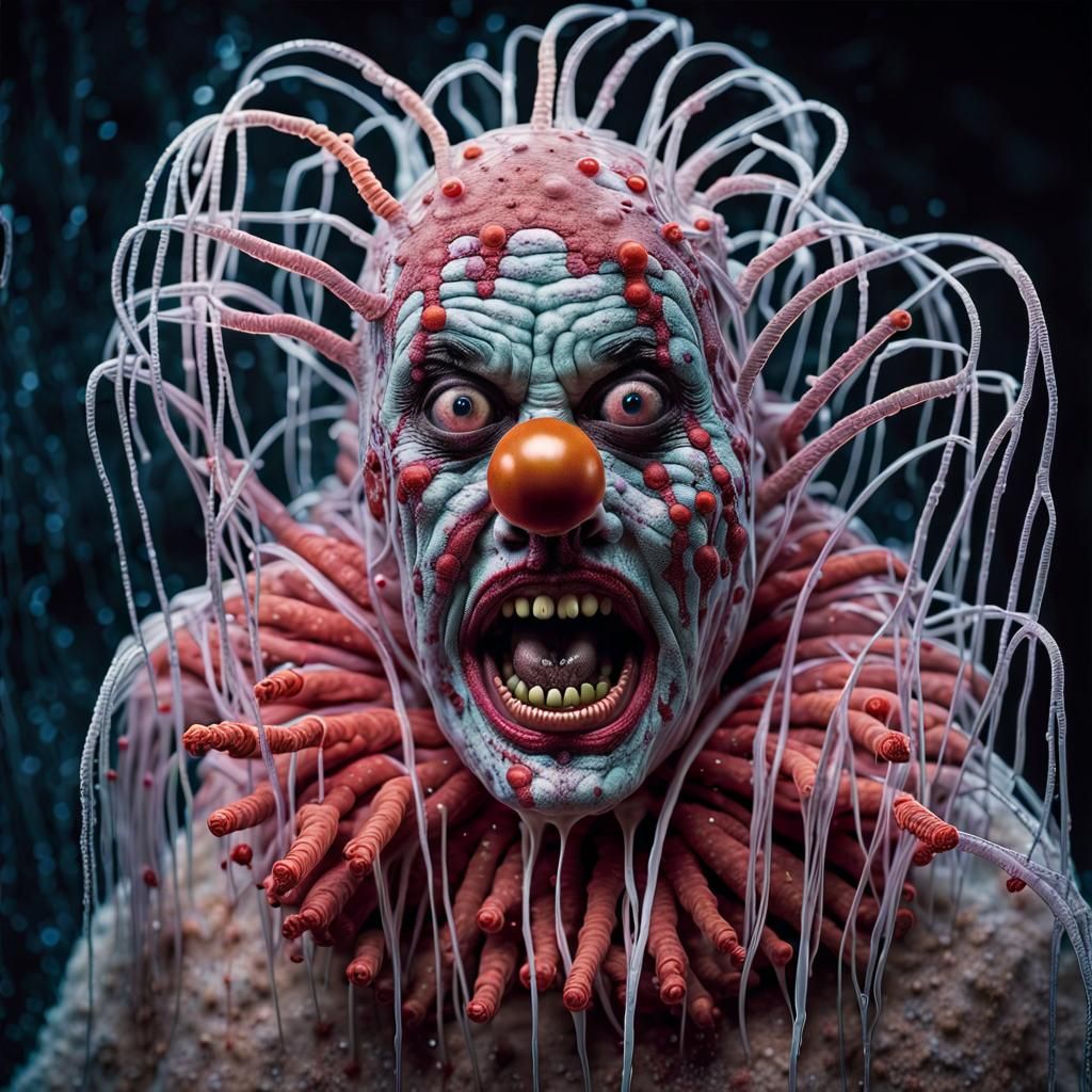 Surreal Horror: Clown Parasite in Immune Cell Mesh