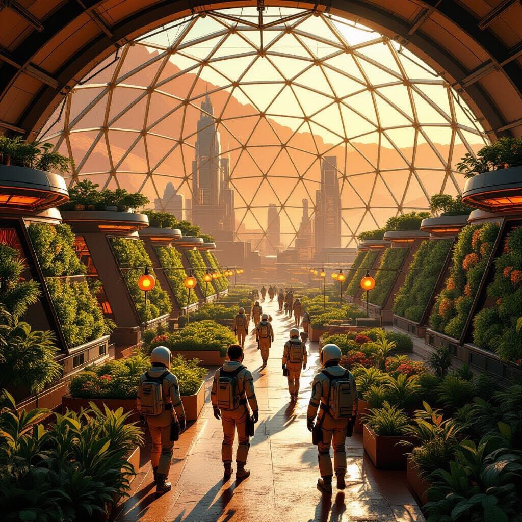 Martian City Under Dome with Vertical Farms