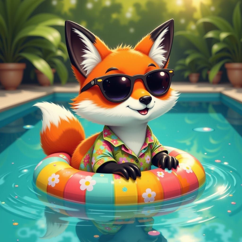 Fox Lounging in Pool: Whimsical Digital Art