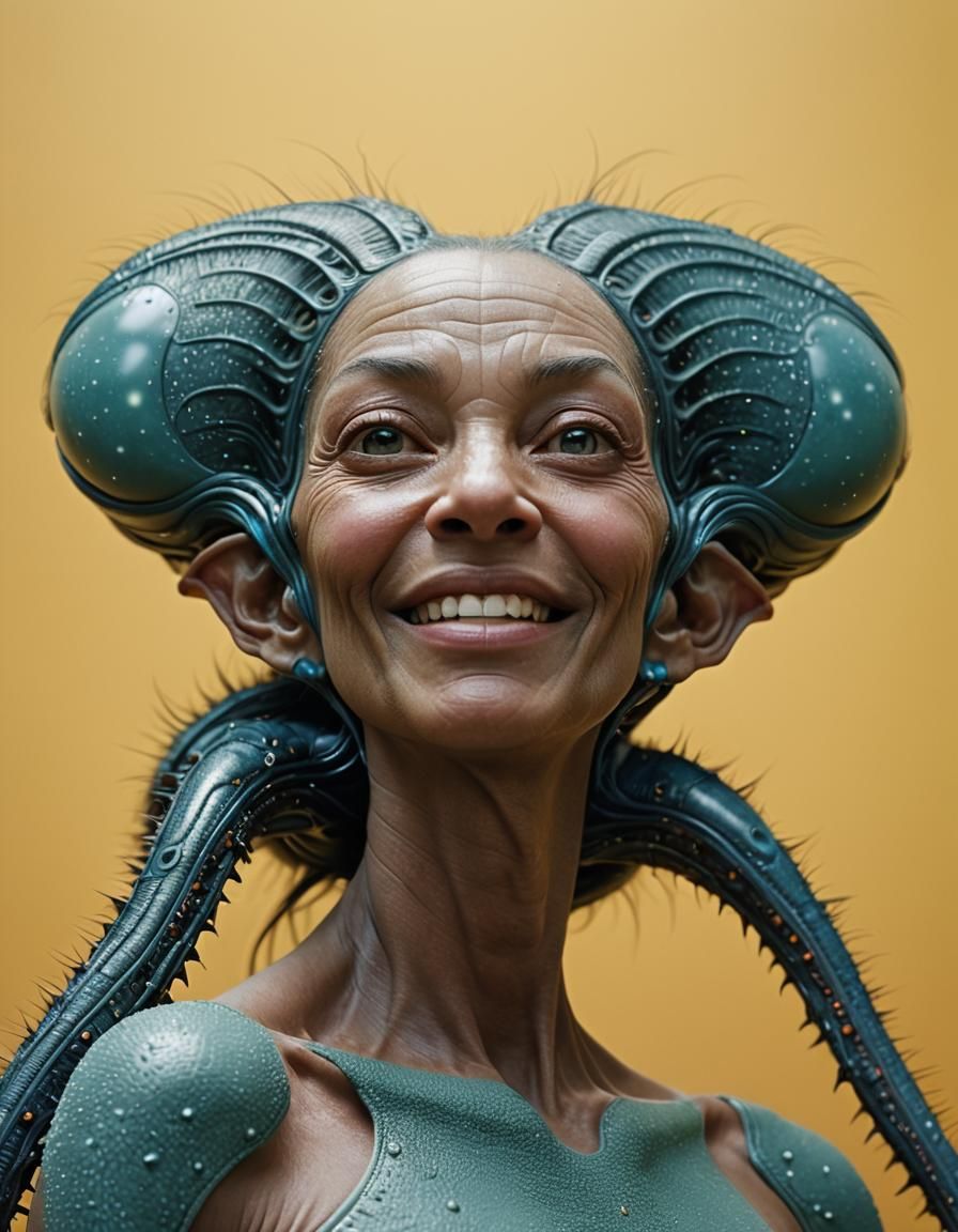 Smiling Aliens Party: Hyperrealistic Professional Photograph...