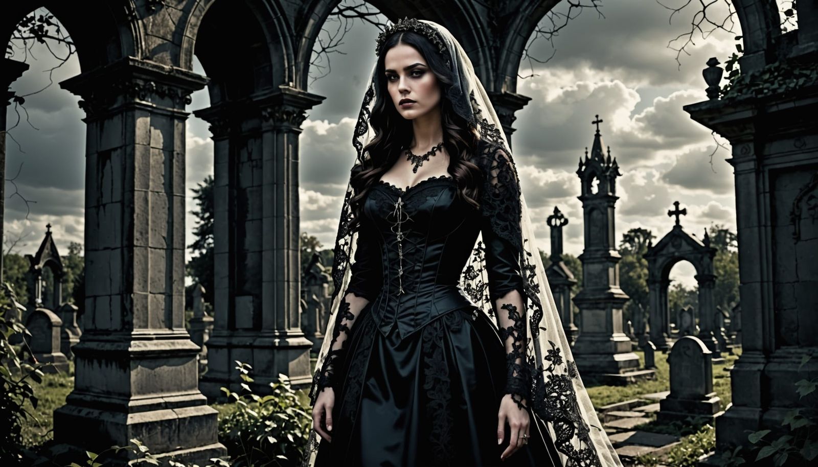 Gothic Fashion Model in Victorian Cemetery