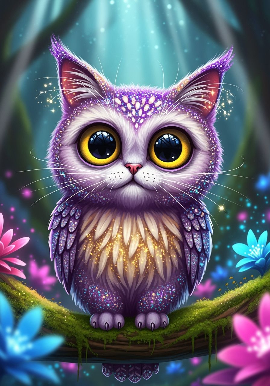 Glittering Cat-Owl Hybrid with Cross Eyes in Magical Forest