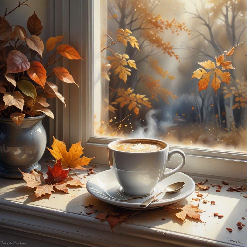 Cozy Coffee on Autumn Windowsill in Watercolor Sfumato Style