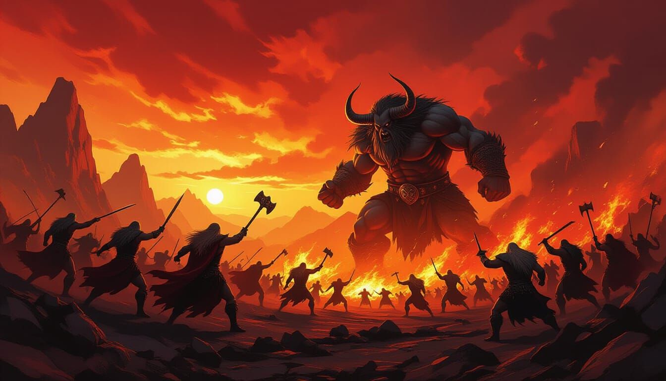 Ragnarok: Norse Gods Battle Giants in Fiery Apocalypse