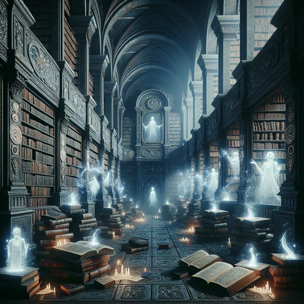 Haunted Library with Eerie Bioluminescent Ghosts