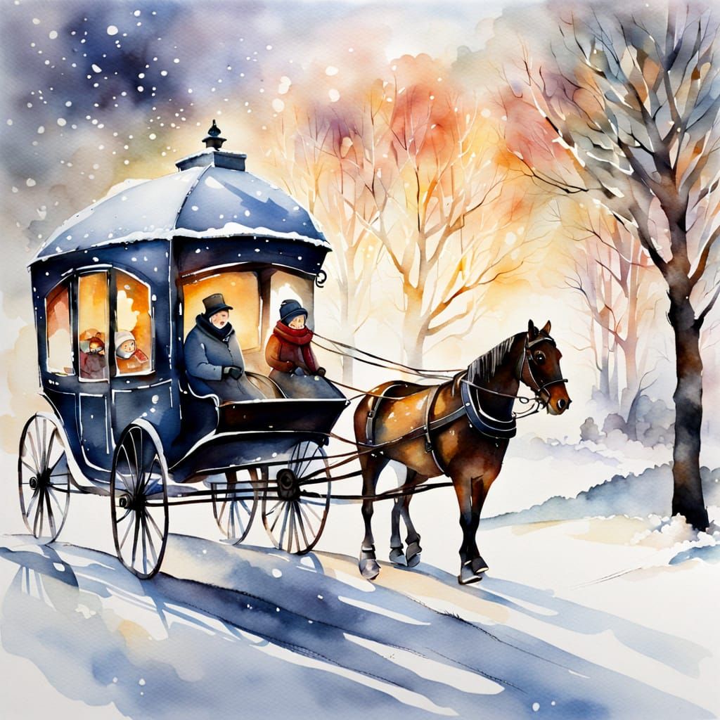Winter Family Carriage Ride in Opalescent Watercolor