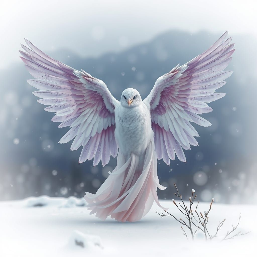 Ethereal Angel Rises Above Snowy Peaks with Lavender and Sil...