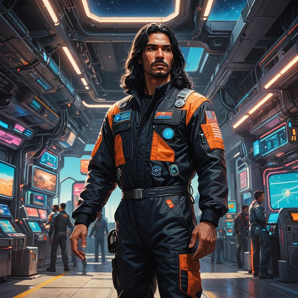 Hispanic Man at Spaceport in Hyperrealistic Concept Art
