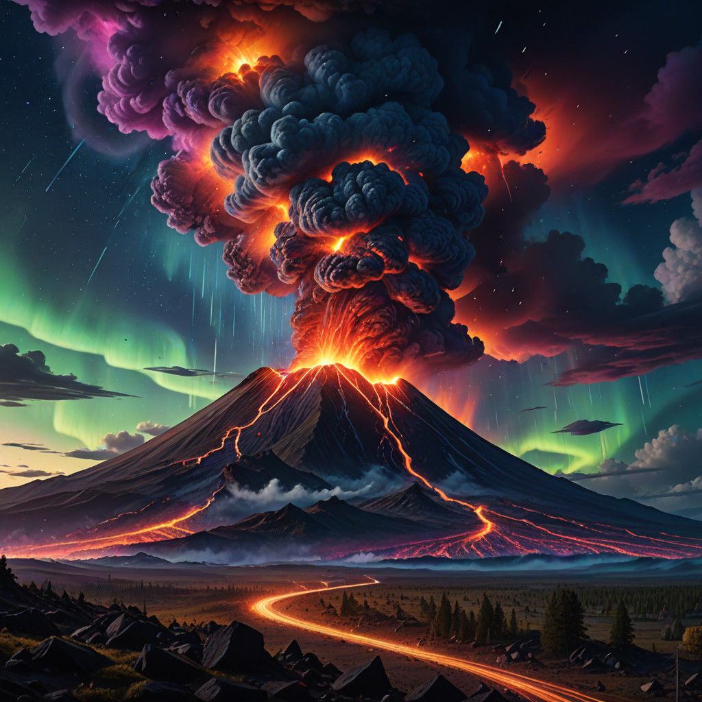 Cosmic Volcano Eruption in Brilliant Stormy Skies