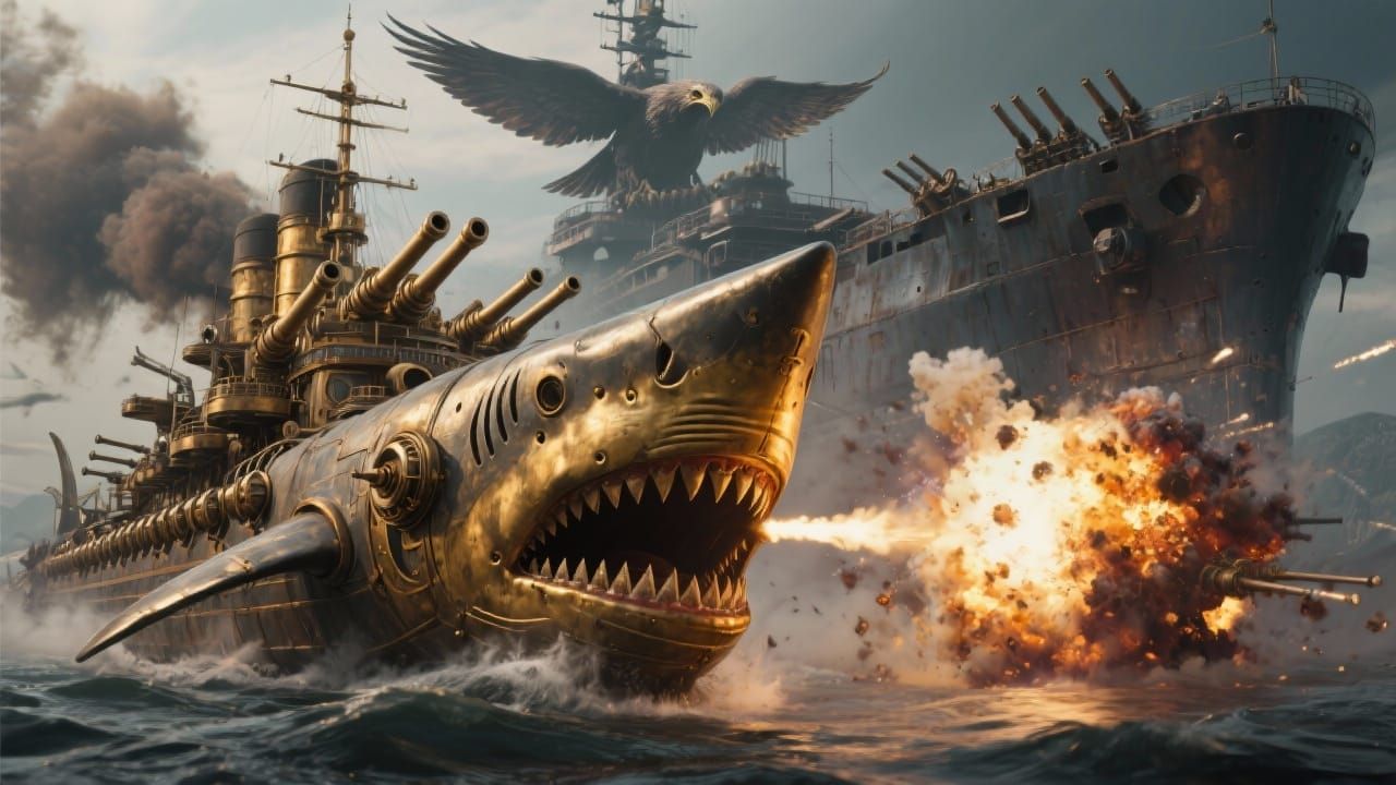 Steampunk Shark Battleship Fires on Iron Hawk Ship