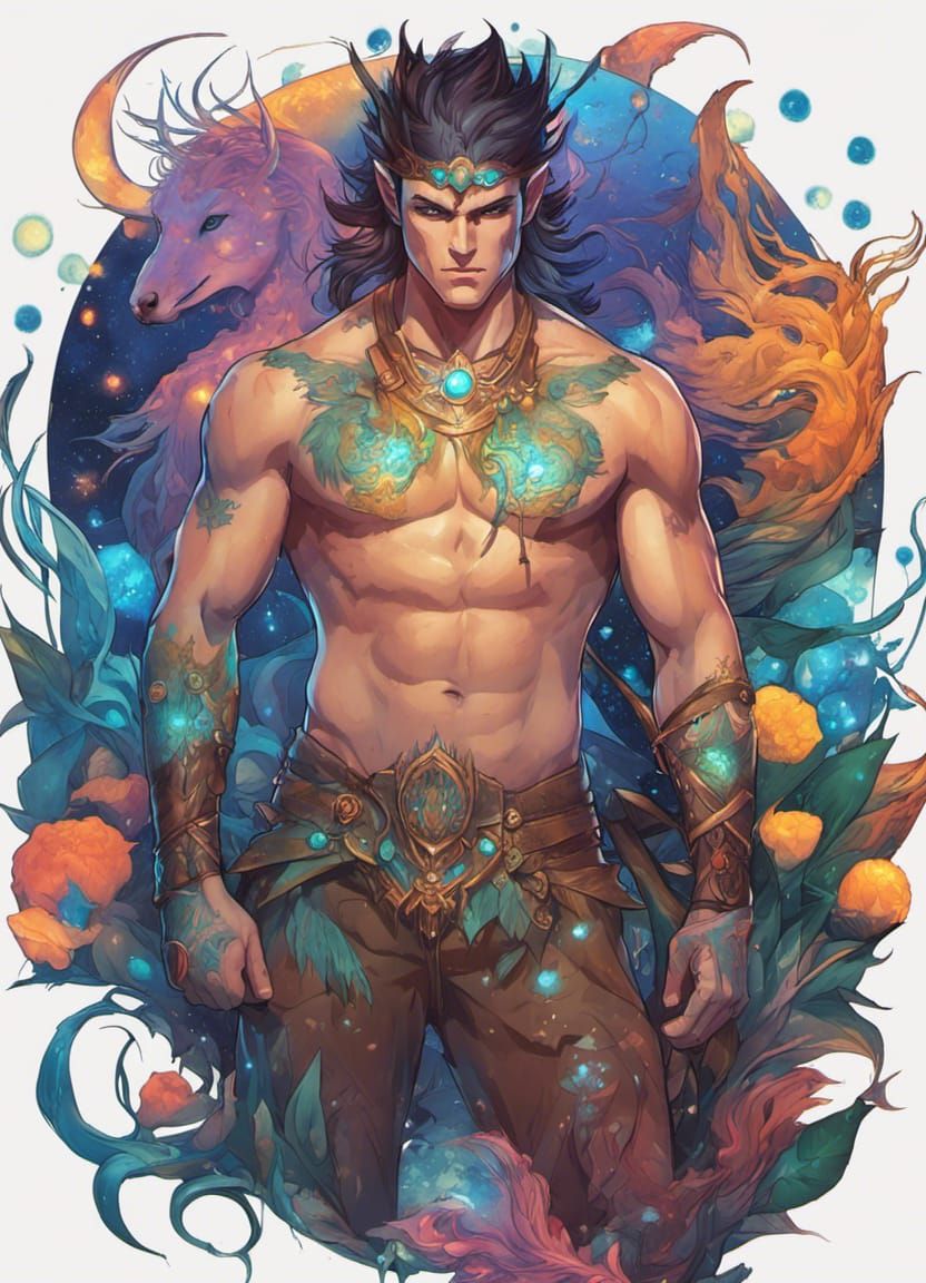 Bioluminescent Elf with Tattoos: Mixed Media Art