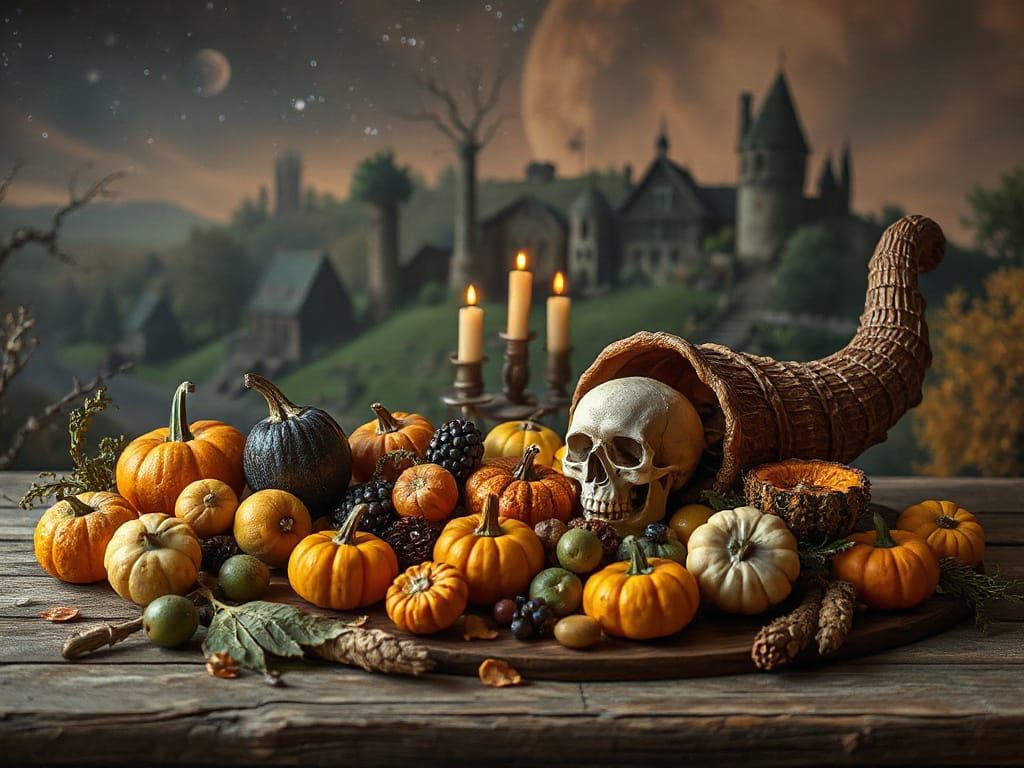 Creepy Harvest Festival with Skull and Village