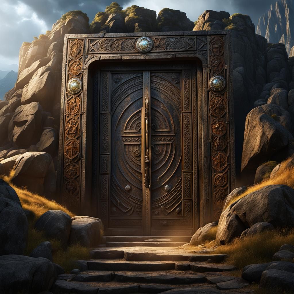 Ancient Stone and Steel Door with Runes