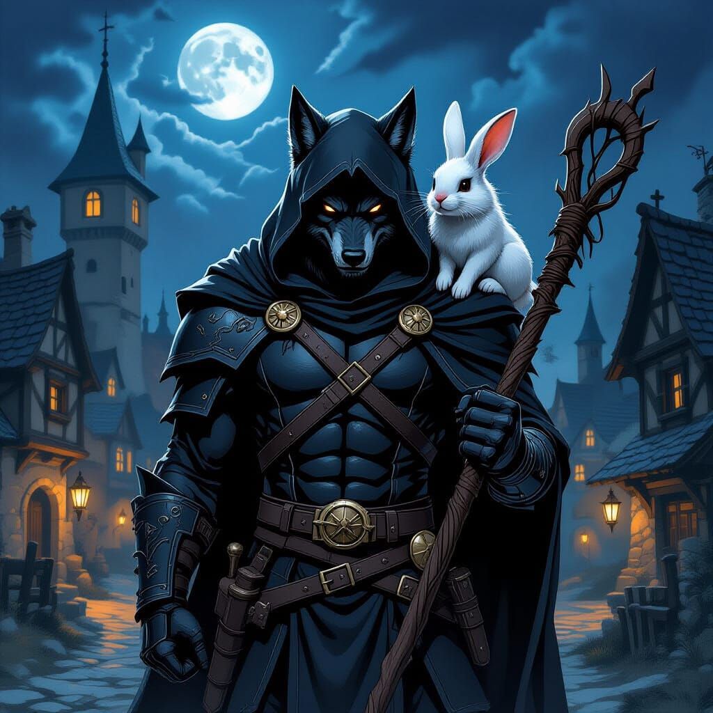 Werewolf Druid with White Rabbit in Dark Fantasy Style